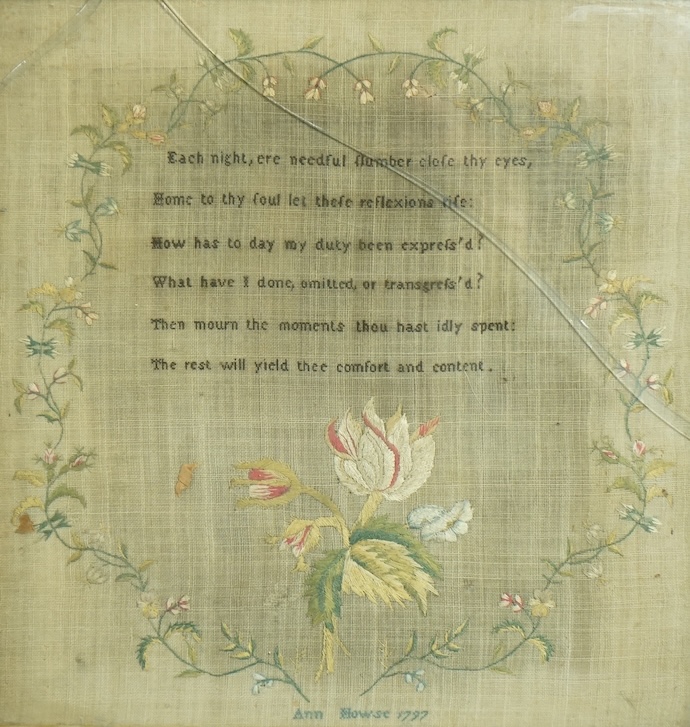 An 18th century sampler dated 1797 by Ann Howse, worked with fine floral garland and a large embroidered flower and verse within, together with two 19th century samplers, one by Anna Kemp age 8 years dated 1835, the othe